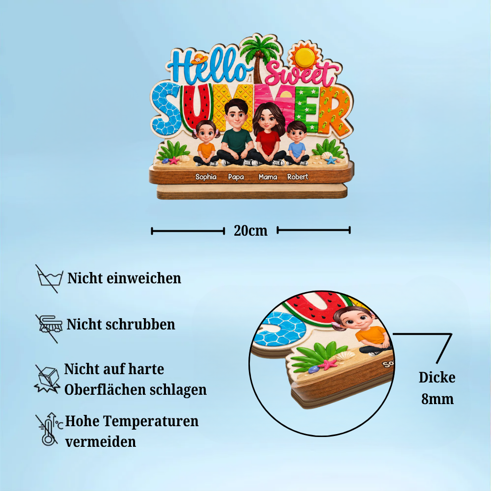 Hello Summer-Personalisierter Holzaufsteller mit Familien im Sommermotiv