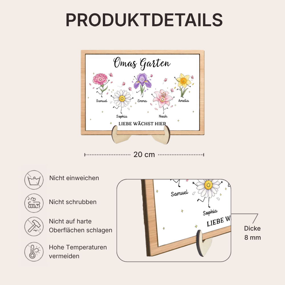 Personalisierter Holzaufsteller mit Geburtsblumen - Omas Garten