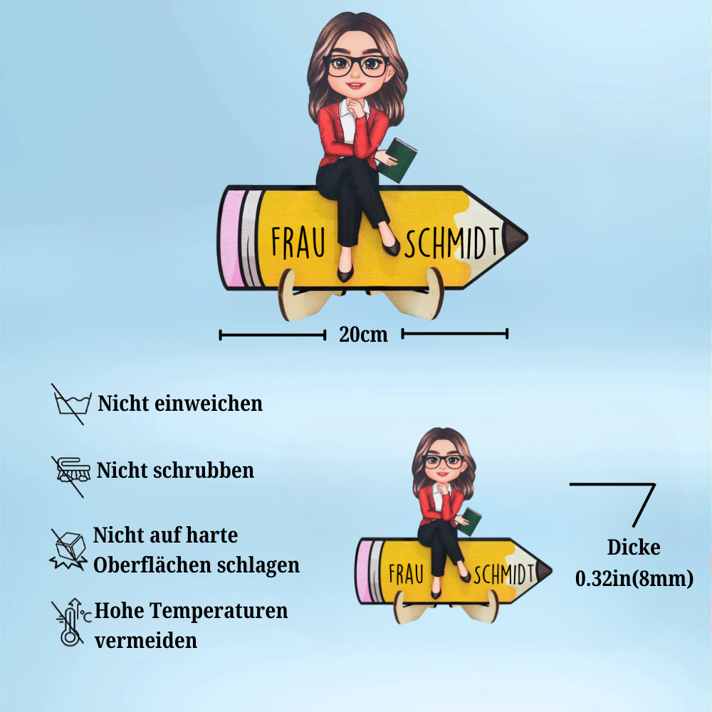 Puppenlehrer/-in auf Bleistift sitzend Personalisierte Holzplakette, Bürodekoration für Lehrer