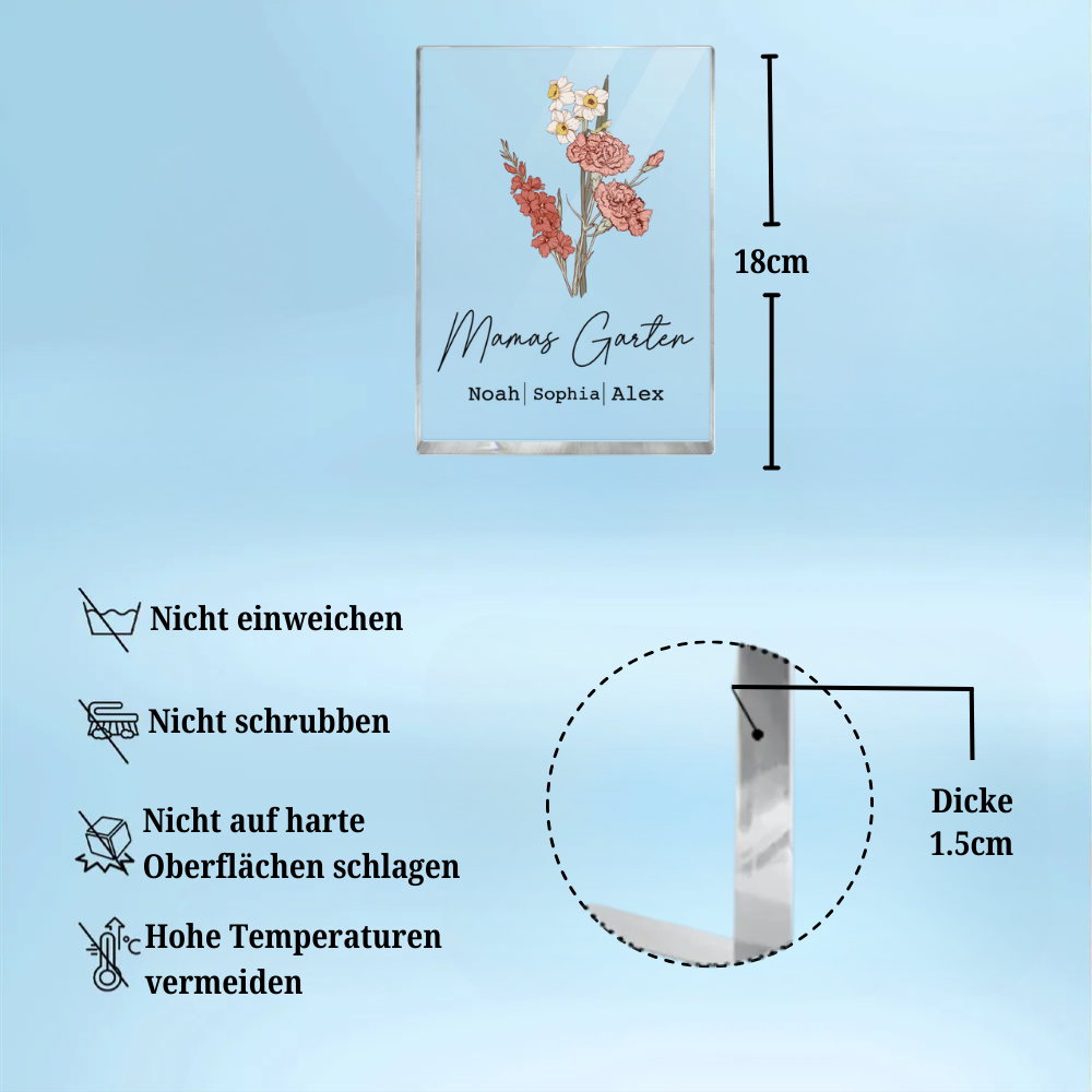 Personalisierter Acrylblock mit Geburtsblumenstrauß, Text und Namen Geschenk für Mama und Oma