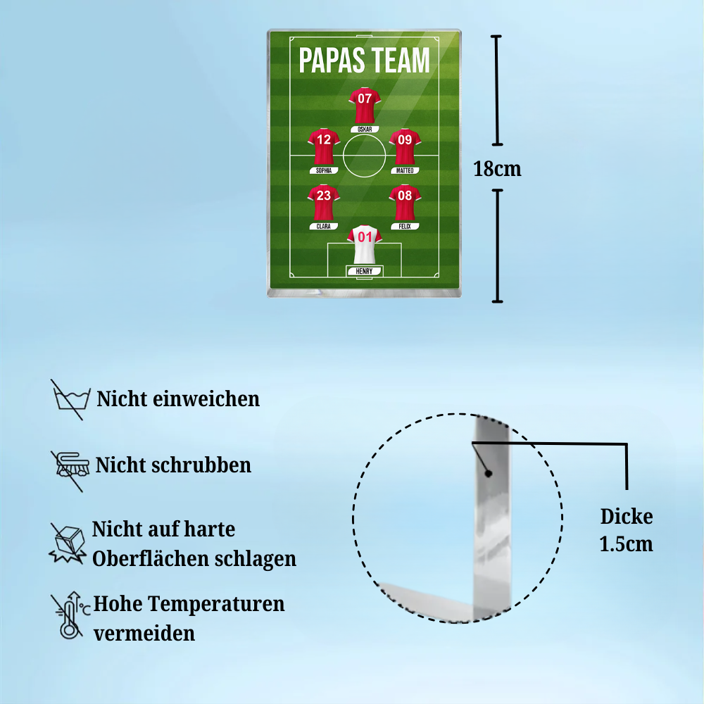 Papas Fußball Team-Acrylblock mit Trikots und Text Geschenk für Papa und Fußballfans