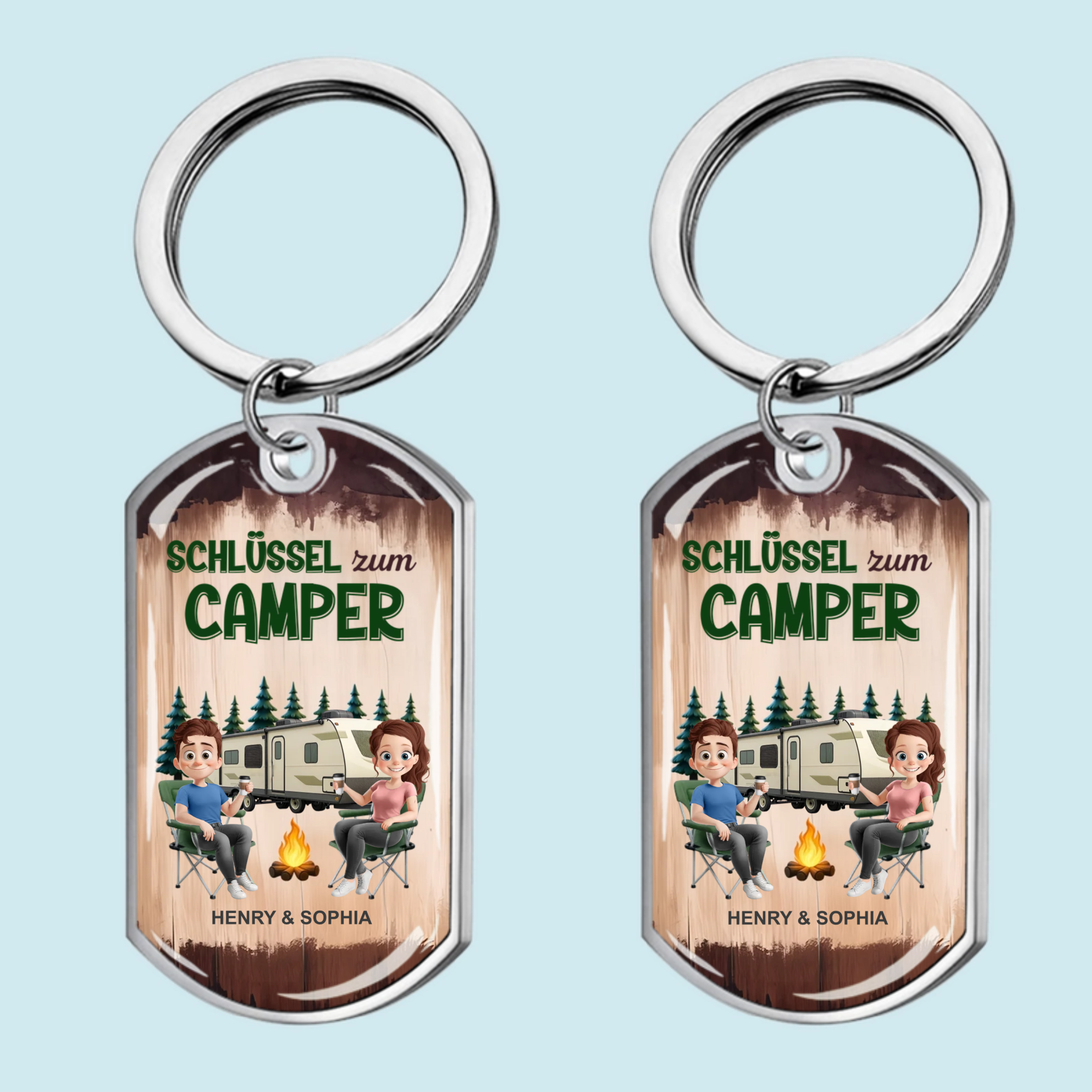 "Camping-Paar" Personalisierter Edelstahl-Schlüsselanhänger mit Expoxidharz