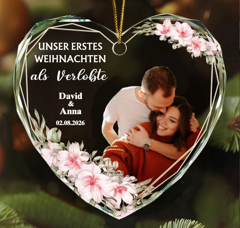 Personalisierter Glas-Weihnachtsanhänger mit Foto – Unser erstes Weihnachten als Ehepaar