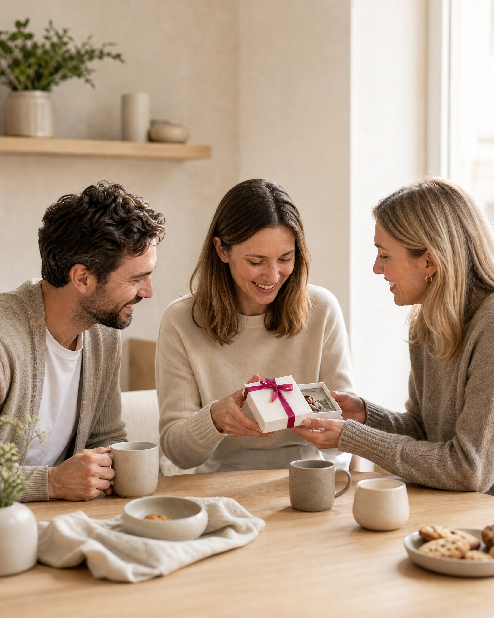 Freunde teilen einen persönlichen Geschenk-Moment
