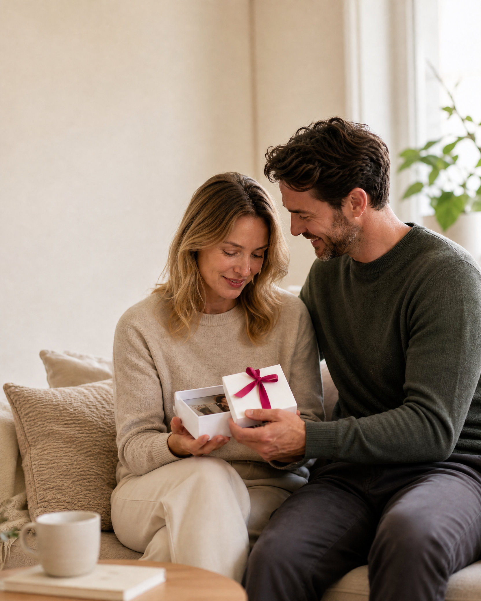 Ein Paar erlebt zuhause einen persönlichen Geschenk-Moment