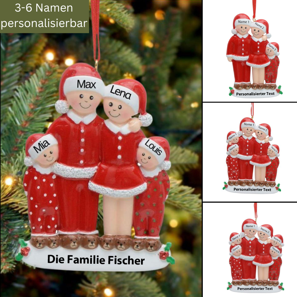 Weihnachtsschmuck Acrylglasscheibe Familie im Schlafanzug mit 3-6 Namen