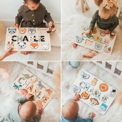 Tiermotiv Personalisiertes Namenspuzzle Steckpuzzle, HolzSpielzeug Baby Junge Geschenk