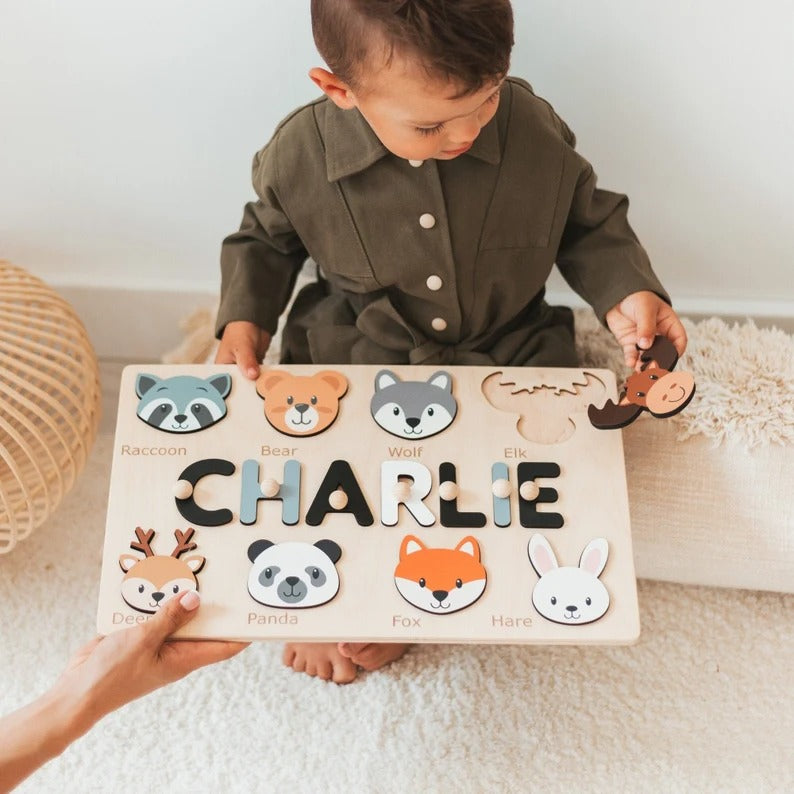 Tiermotiv Personalisiertes Namenspuzzle Steckpuzzle, HolzSpielzeug Baby Junge Geschenk