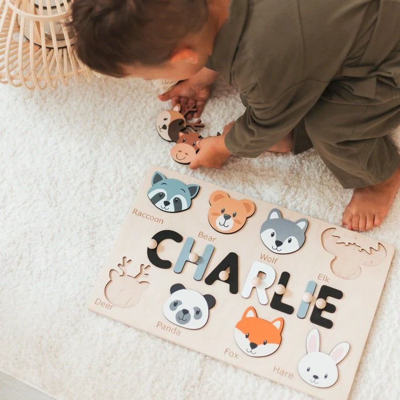 Tiermotiv Personalisiertes Namenspuzzle Steckpuzzle, HolzSpielzeug Baby Junge Geschenk