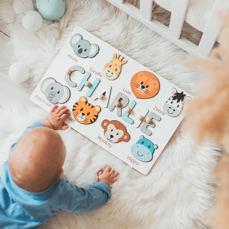 Tiermotiv Personalisiertes Namenspuzzle Steckpuzzle, HolzSpielzeug Baby Junge Geschenk