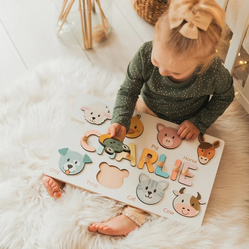 Tiermotiv Personalisiertes Namenspuzzle Steckpuzzle, HolzSpielzeug Baby Junge Geschenk