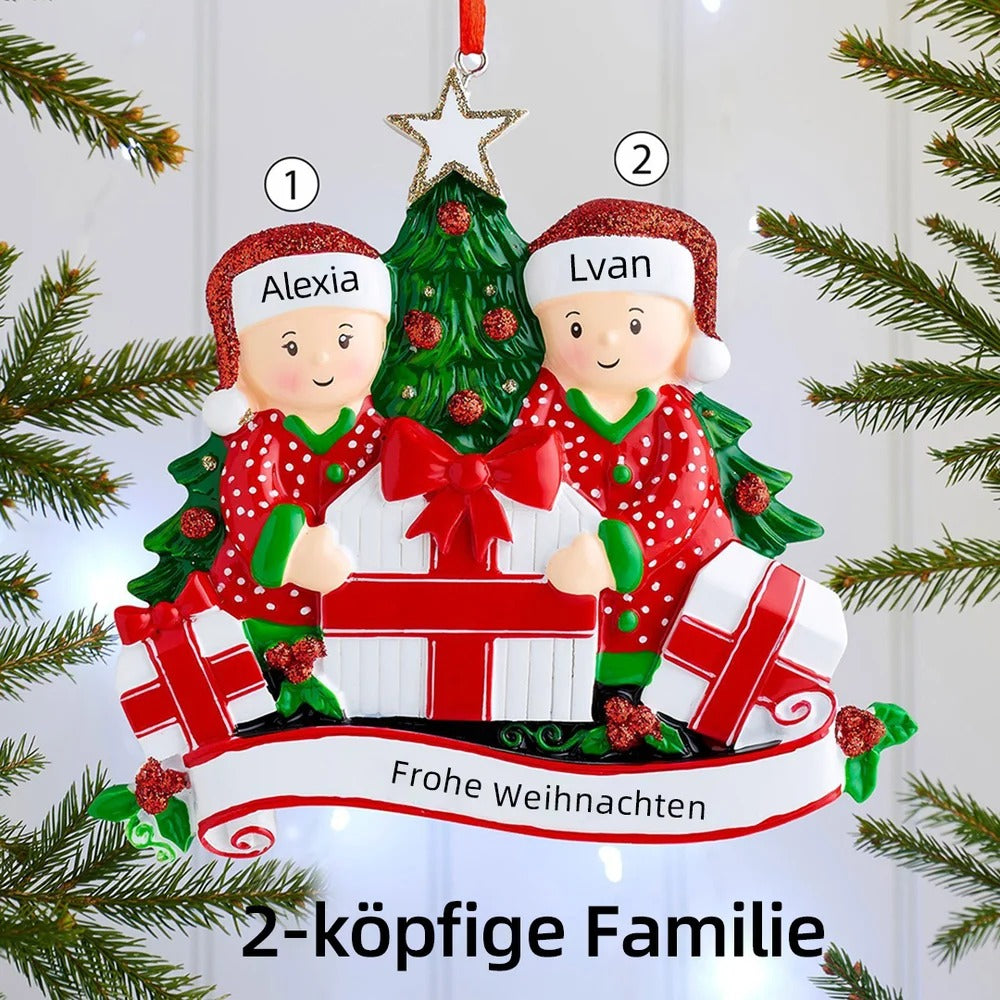 Weihnachtsschmuck Familie Familie beim Öffnen der Geschenke 2-6 Namen