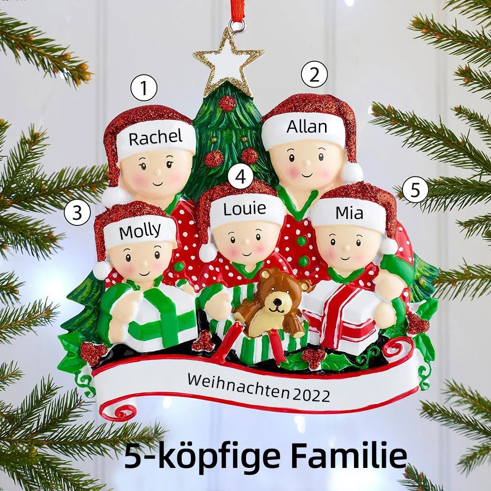 Weihnachtsschmuck Familie Familie beim Öffnen der Geschenke 2-6 Namen