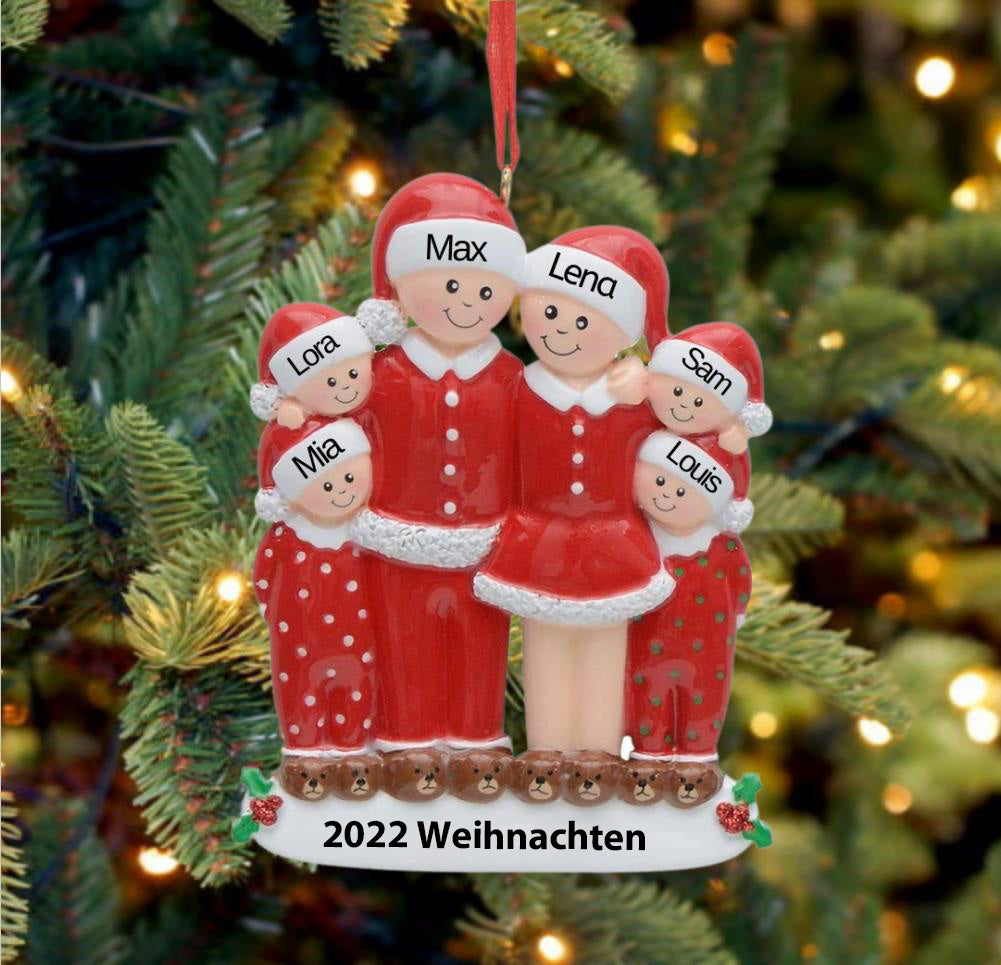 Weihnachtsschmuck Acrylglasscheibe Familie im Schlafanzug mit 3-6 Namen